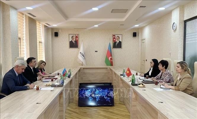 La directora general de la VNA, Vu Viet Trang, se reúne con el presidente de la agencia nacional de noticias azerbaiyana Azertac, Vugar Alyev. (Foto: VNA)