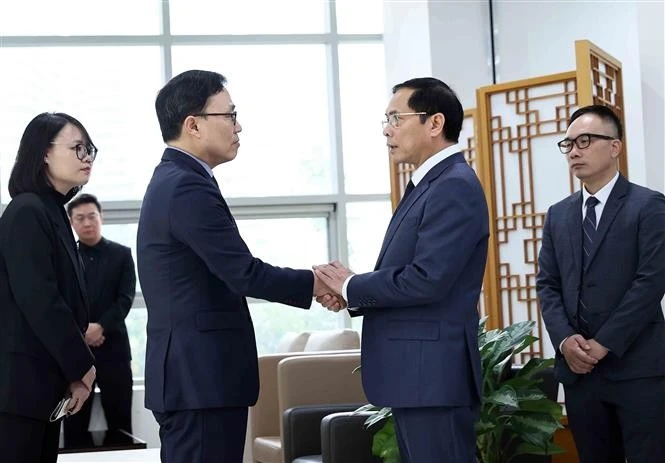 El viceprimer ministro y canciller de Vietnam, Bui Thanh Son, (segundo a la derecha) expresa sus condolencias al embajador de Corea del Sur, Choi Youngsam. (Foto: VNA)