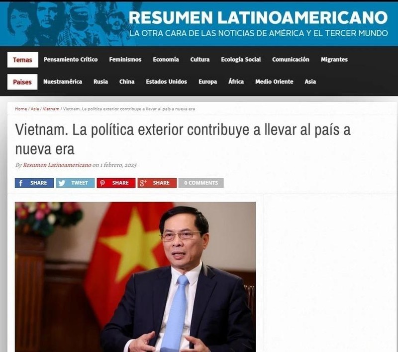 El periódico argentino Resumen Latinoamericano publica el 1 de febrero (hora local) un artículo, en el que elogia la política exterior de Vietnam. (Foto: VNA)