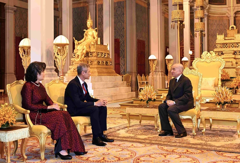 El rey de Camboya, Norodom Sihamoni, recibe al nuevo embajador vietnamita en Phnom Penh, Nguyen Minh Vu. (Foto: VNA)