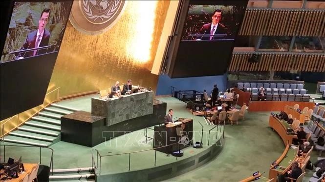 El embajador Dang Hoang Giang, representante permanente de Vietnam ante la ONU, habla en la reunión. (Foto: VNA)