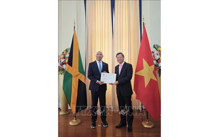 El embajador de Vietnam en Cuba, concurrente en Kingston, Le Quang Long, presenta sus cartas credenciales al Gobernador General de Jamaica, Patrick Allen. (Foto: VNA)