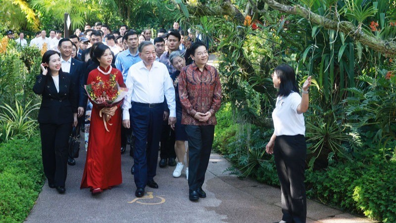 El secretario general del Partido Comunista de Vietnam, To Lam (al frente, en el centro), su esposa, Ngo Phuong Ly (al frente, a la izquierda), y el primer ministro singapurense, Lawrence Wong, recorren el Jardín Botánico de Singapur. (Foto: VNA)