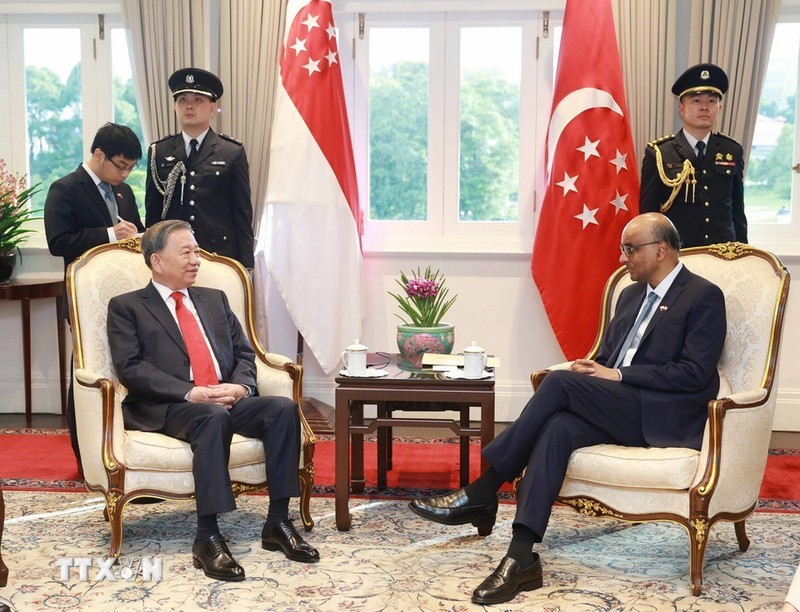 El secretario general del PCV, To Lam, se entrevista con el presidente de Singapur, Tharman Shanmugaratnam. (Foto: VNA)