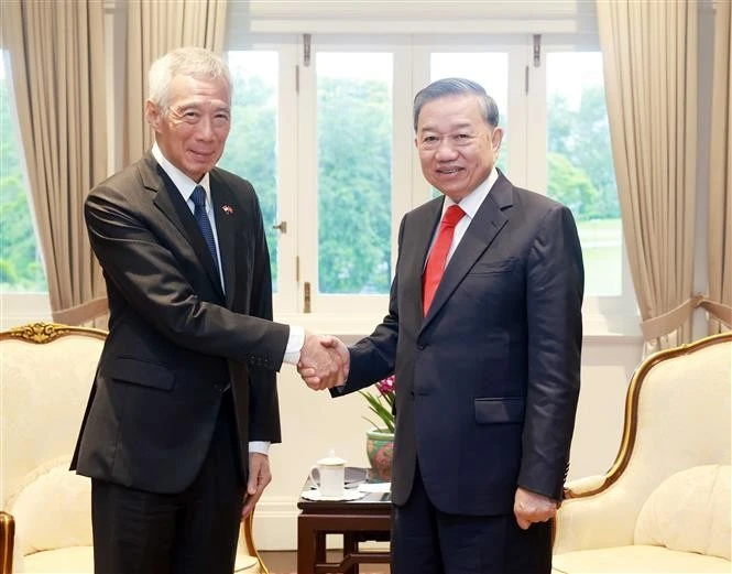 El secretario general del Partido Comunista de Vietnam, To Lam (derecha), se reúne con el exprimer ministro Lee Hsien Loong, quien actualmente se desempeña como ministro principal y asesor principal del PAP de Singapur. (Foto: VNA)