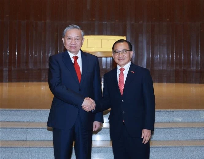 El secretario general del Partido Comunista de Vietnam, To Lam (izquierda), se reúne con el presidente del Parlamento de Singapur, Seah Kian Peng. (Foto: VNA)