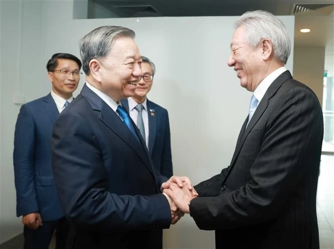 El secretario general del Partido Comunista de Vietnam, To Lam (izquierda), recibe al ministro principal y ministro coordinador de Seguridad Nacional de Singapur, Teo Chee Hean. (Foto: VNA)