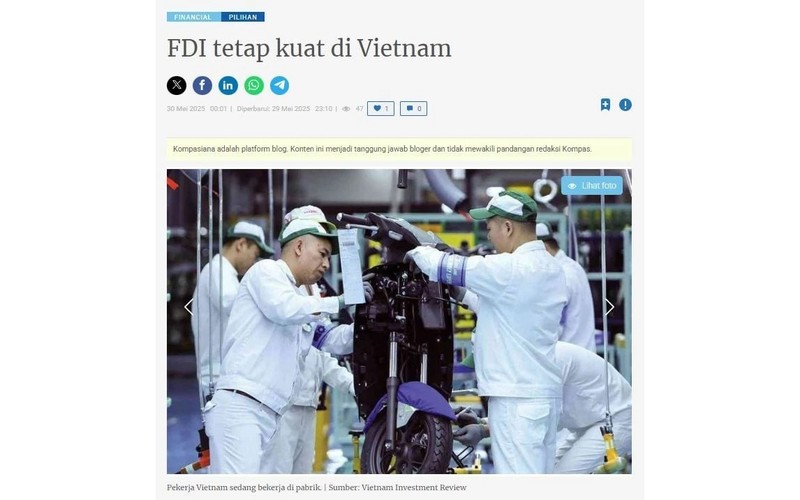 Captura de pantalla del artículo del sitio web indonesio Kompasiana sobre la inversión extranjera directa en Vietnam.