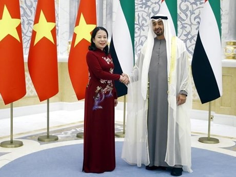 El presidente Sheikh Mohamed bin Zayed Al Nahyan recibe a la vicepresidenta vietnamita Vo Thi Anh Xuan (Foto: VNA )