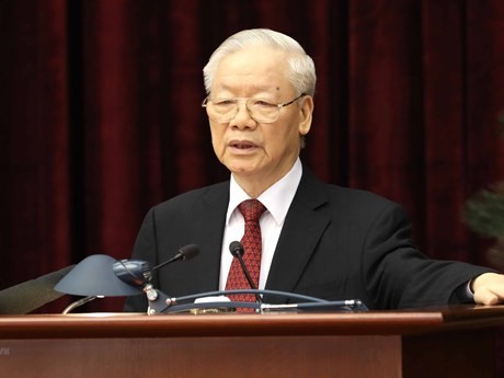 El secretario general del Partido Comunista de Vietnam, Nguyen Phu Trong, pronuncia su discurso en la cita (Foto: VNA)