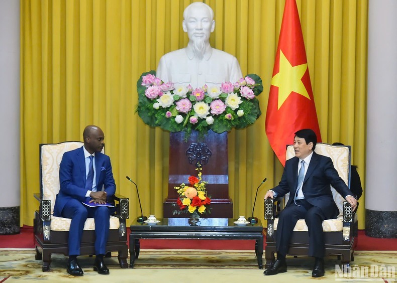 El presidente de Vietnam, Luong Cuong (derecha) recibe al ministro de Asuntos Exteriores, Integración Regional y Togoleses en el Exterior de Togo, Robert Dussey. (Foto: Nhan Dan)