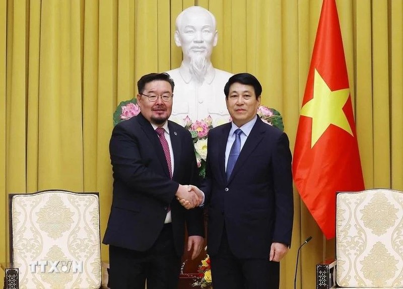 El presidente de Vietnam, Luong Cuong (derecha), recibe al presidente de la Oficina Presidencial de Mongolia, Gombojav Zandanshatar (Fuente: VNA) 