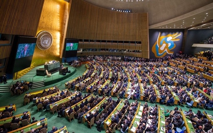 Escena de la reunión sesionada el 3 de abril de la Asamblea General de la ONU. (Fotografía: ONU)