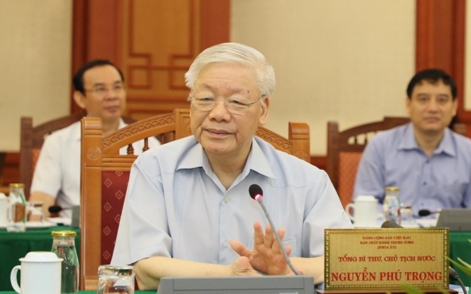 El secretario general del Partido Comunista y presidente de Vietnam, Nguyen Phu Trong, interviene en la reunión. (Fotografía: VOV)