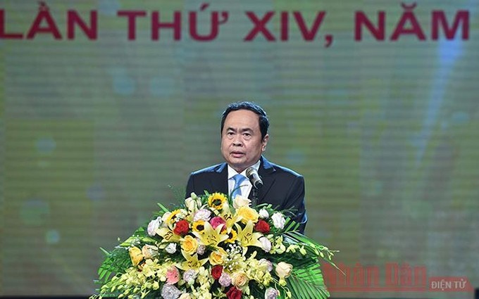 El presidente del Frente de la Patria de Vietnam, Tran Thanh Man, habla en el acto. 