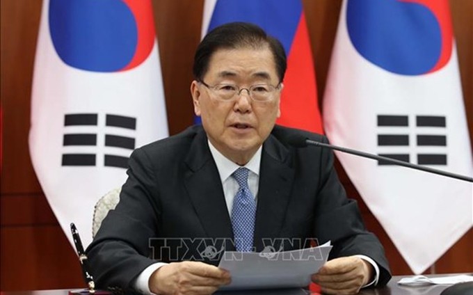 El ministro de Relaciones Exteriores de Corea del Sur, Chung Eui-yong. (Fotografía: YONHAP/VNA)