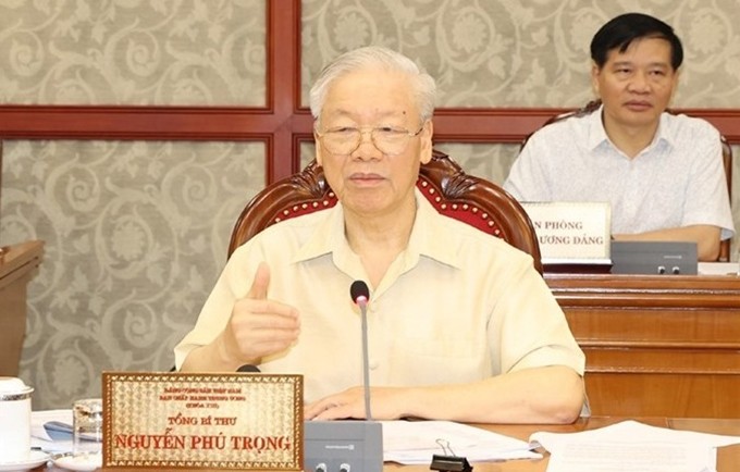 El secretario general del Partido Comunista de Vietnam, Nguyen Phu Trong, interviene en la reunión. (Fotografía: VNA)