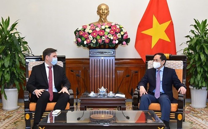 El ministro de Relaciones Exteriores de Vietnam, Bui Thanh Son (D), y el embajador polaco acreditado en Hanói, Wojciech Gerwel (Fuente: VNA)