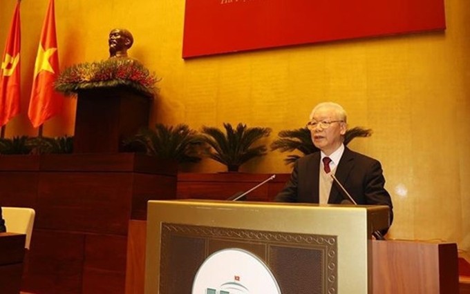 El secretario general del Partido Comunista de Vietnam, Nguyen Phu Trong, habla en el evento. (Fotografía: VNA)