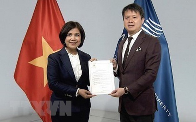 Entrega del documento sobre la adhesión de Vietnam al Tratado sobre Interpretación o Ejecución y Fonogramas de la OMPI (Foto: VNA)