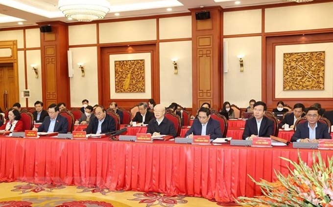 El secretario general del Partido Comunista de Vietnam (PCV), Nguyen Phu Trong preside la reunión. (Fotografía: VNA)