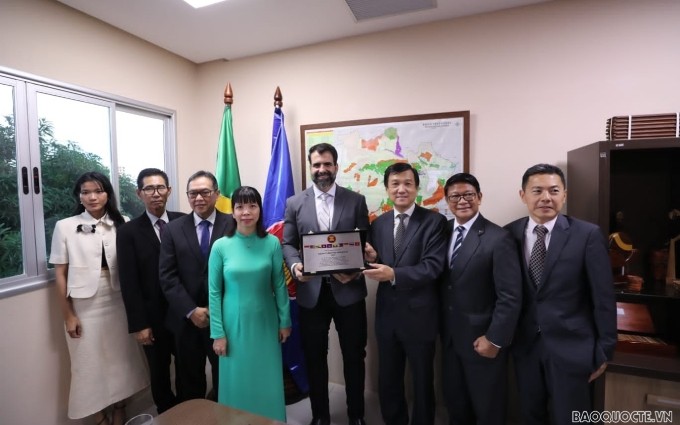 La embajadora de Vietnam en Brasil, Pham Thi Kim Hoa (cuarta desde la izquierda), con los embajadores del Comité de la Asean en esa nación de América Latina (Foto: VNA)