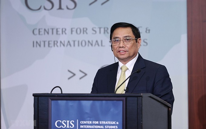  El primer ministro vietnamita, Pham Minh Chinh, pronuncia un discurso en el CSIS (Foto: VNA)