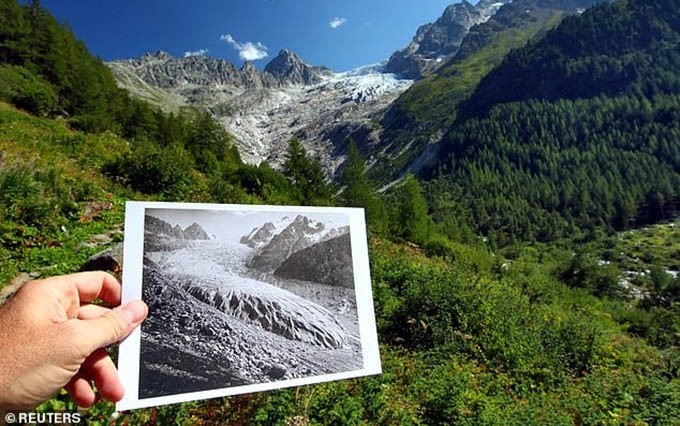 El glaciar Trient observado en agosto de 2019, comparado con una foto tomada en el mismo lugar en 1891.