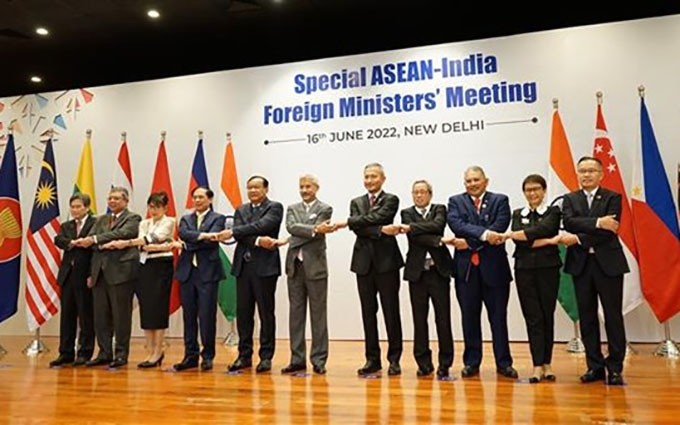 Los ministros de Relaciones Exteriores de la Asean y la India en la reunión. (Fotografía: VNA)