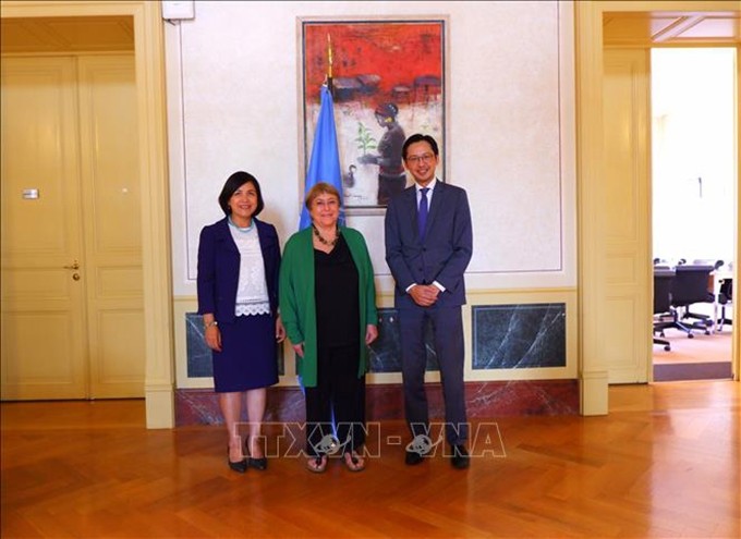 La embajadora Le Thi Tuyet Mai, la alta comisionada de las Naciones Unidas, Michelle Bachelet, y el asistente del Canciller Do Hung Viet. (Fotografía: VNA) 