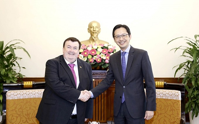 El asistente al ministro de Relaciones Exteriores de Vietnam, Do Hung Viet (derecha), y el ministro de estado de Asuntos Exteriores de Irlanda, Colm Brophy. (Fotografía: baoquocte.vn)