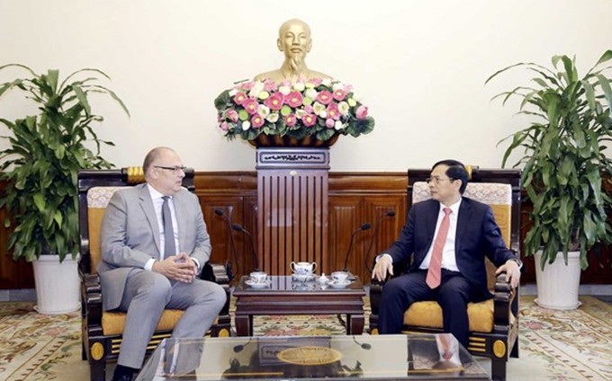 El ministro de Relaciones Exteriores de Vietnam, Bui Thanh Son (derecha), recibe al saliente embajador danés acreditado en Hanói, Kim Højlund Christensen. (Fotografía: VNA) 
