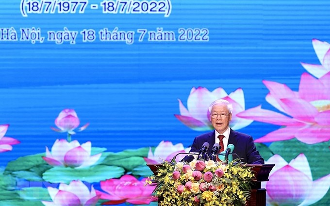 El secretario general del PCV, Nguyen Phu Trong, pronuncia un discurso en el acto. (Foto: Lam Khanh/VNA)