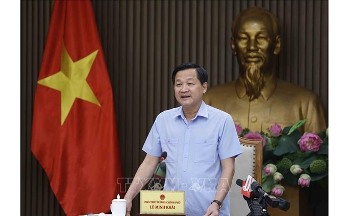 El vice primer ministro Le Minh Khai habla en la reunión. (Fotografía: VNA)