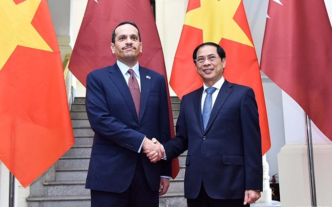 El canciller vietnamita, Bui Thanh Son recibe al vicepremier y canciller de Qatar, Sheikh Mohammed bin Abdulrahman Al-Thani. (Fotografía: baoquocte.vn)