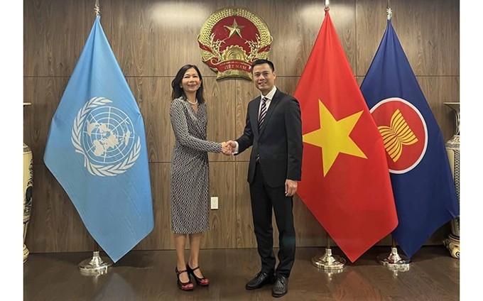 El representante permanente de Vietnam ante la ONU, Dang Hoang Giang, y la coordinadora residente de la ONU en Vietnam, Pauline Tamesis. (Fotografía: baoquocte.vn)