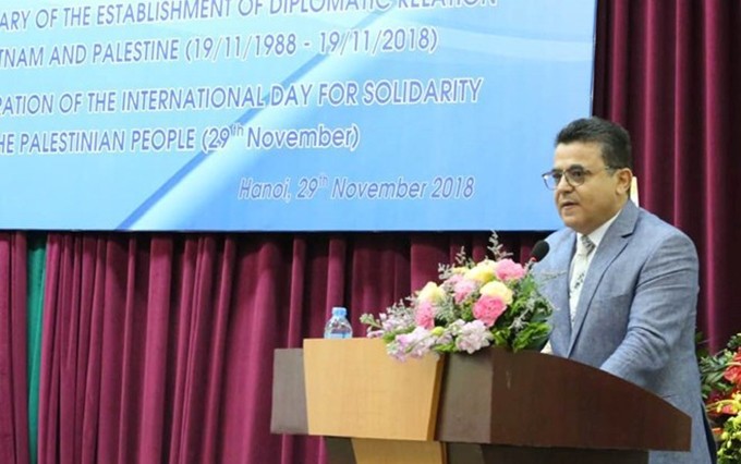 El embajador palestino en Vietnam, Saadi Salama, interviene en la ceremonia. (Fuente: dangcongsan.vn)