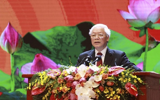 El máximo dirigente de Vietnam, Nguyen Phu Trong, interviene en el acto. (Fotografía: laodong.vn/Tran Vuong)